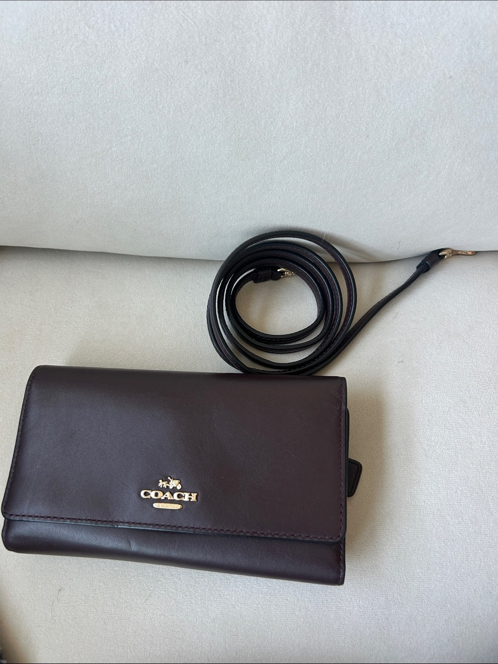 Coach Dark Brown Leather Crossbody Wallet with Gold Logo